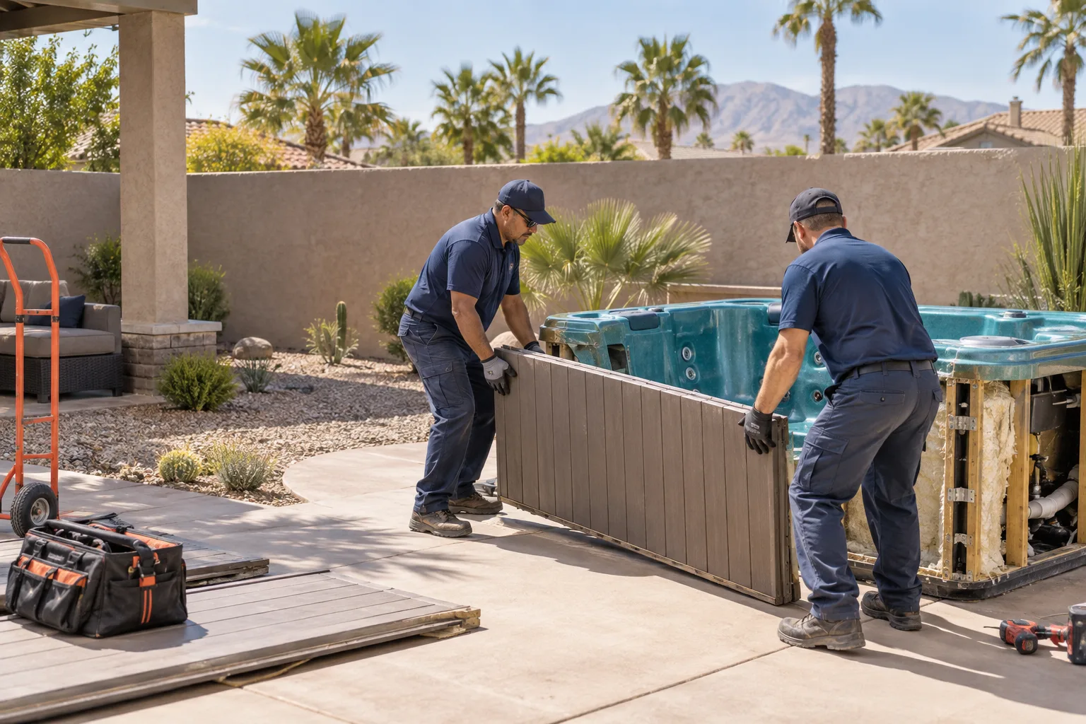 Workers removing a detached cabinet panel from an old hot tub